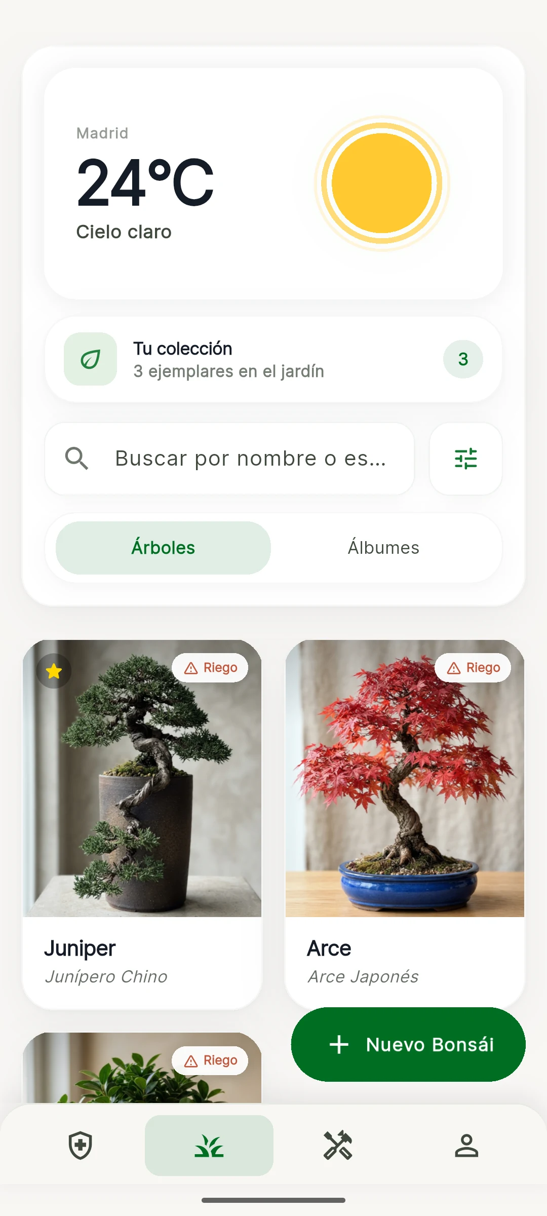 Pantalla de inicio de Bonsari con el clima y la colección de bonsáis